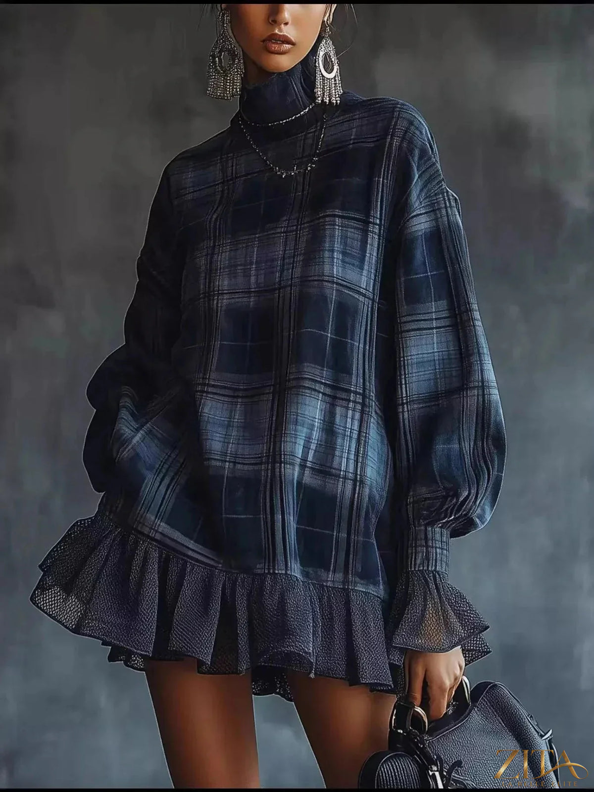 Plus size plaid high-neck mini dress by Zita La Belle Elite with ruffled hem, full size, featuring a stylish and trendy design.