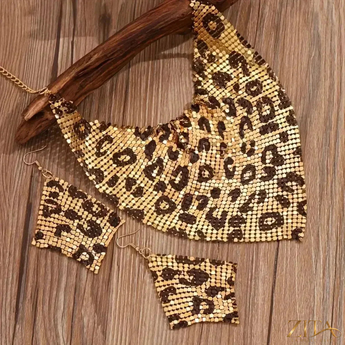 Leopard jewelry set including necklace and earrings with animal print design, trendy Trendsi fashion accessories.