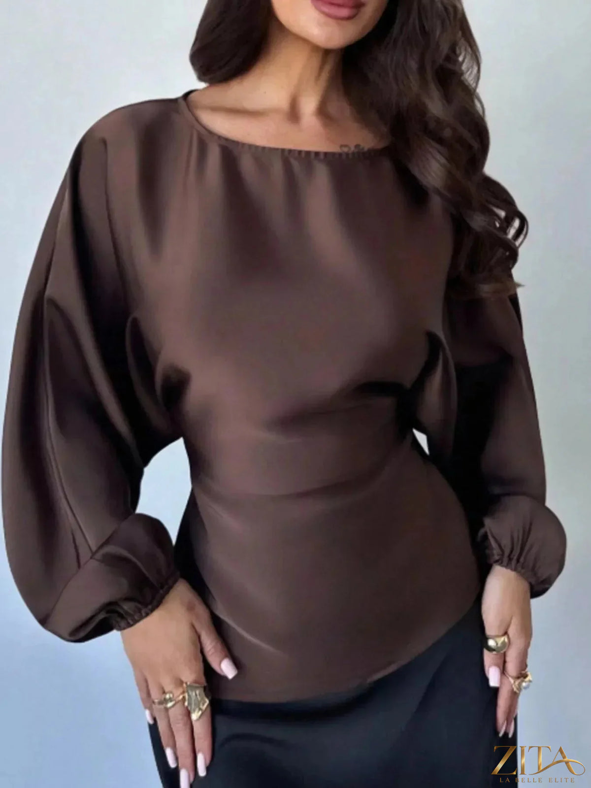 Zita La Belle Elite back tie long sleeve blouse featuring a relaxed fit, soft fabric, and stylish design with a tied back detail.