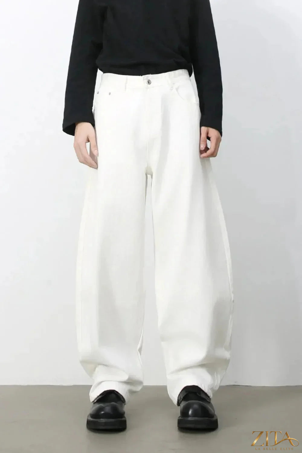 Men's high rise wide leg jeans from Zita La Belle Elite, shown in dark denim with a relaxed fit and classic five-pocket design.