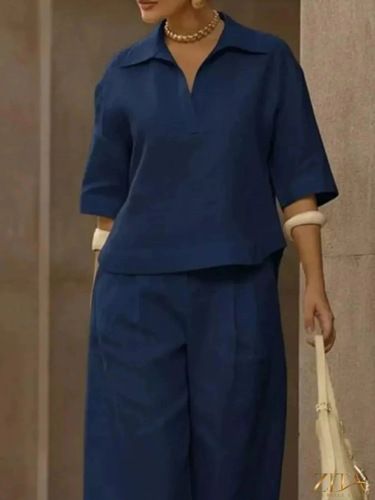 Zita La Belle Elite plus size two-piece set featuring a full size 3/4 sleeve top and wide leg pants, stylish and comfortable.