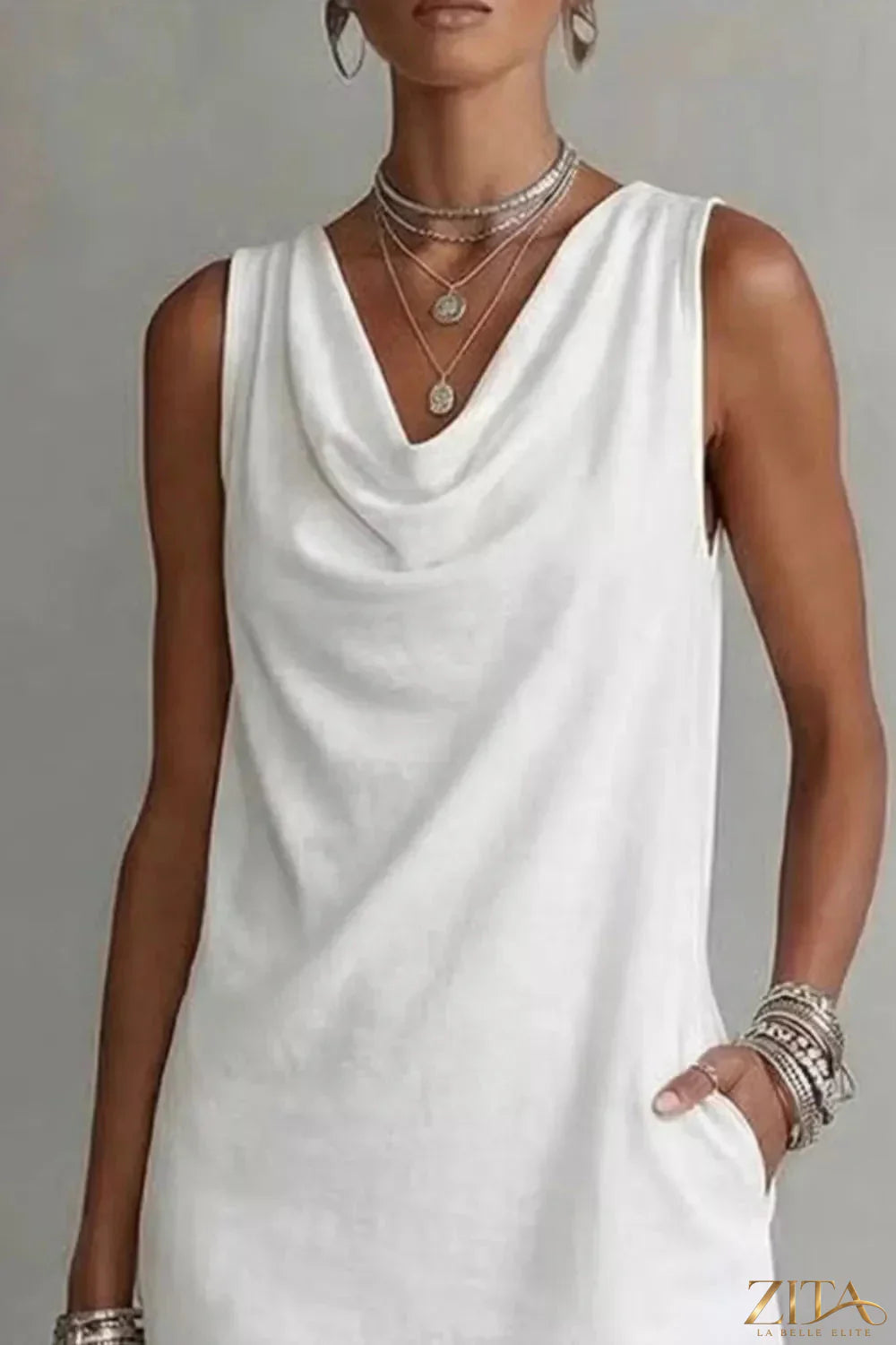 Zita La Belle Elite casual sleeveless cowl neck mini dress displayed on a model, featuring a relaxed fit and stylish design.