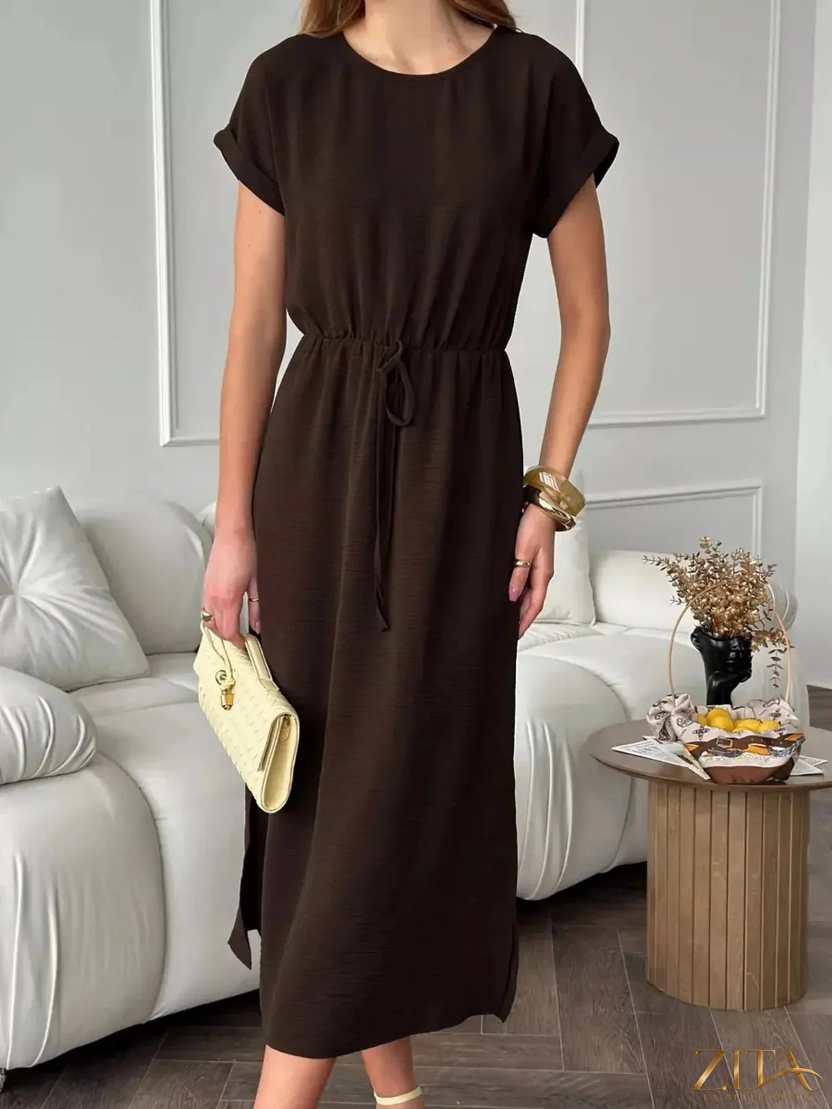Zita La Belle Elite casual midi dress with drawstring waist, lightweight fabric, and relaxed fit, perfect for everyday wear.