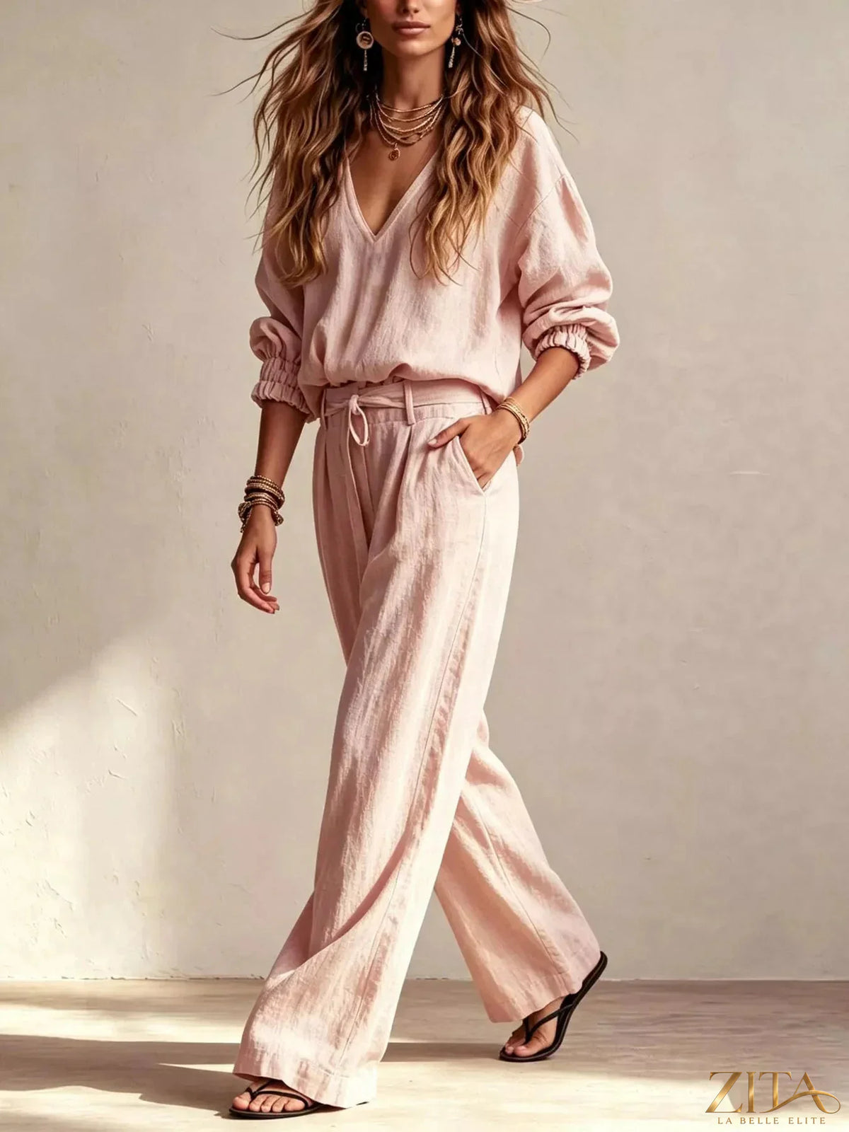 Zita La Belle Elite V-neck top and wide-leg pants set in soft fabric, stylish and comfortable for casual or semi-formal wear.