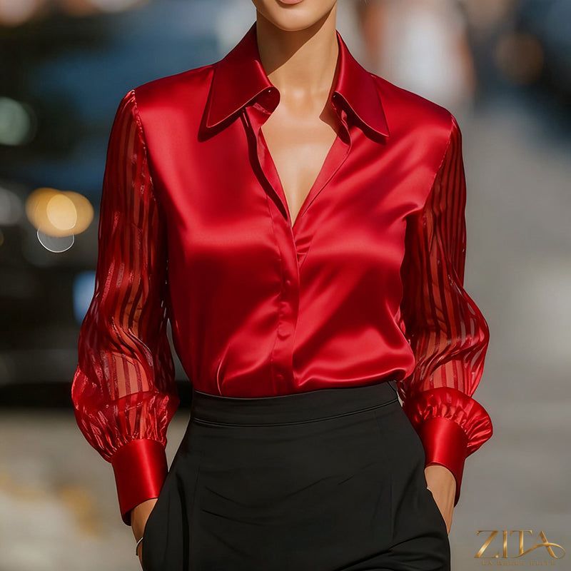 Zita La Belle Elite satin lapel collar sheer long sleeve blouse, casualwear, with elegant silky fabric and delicate design.