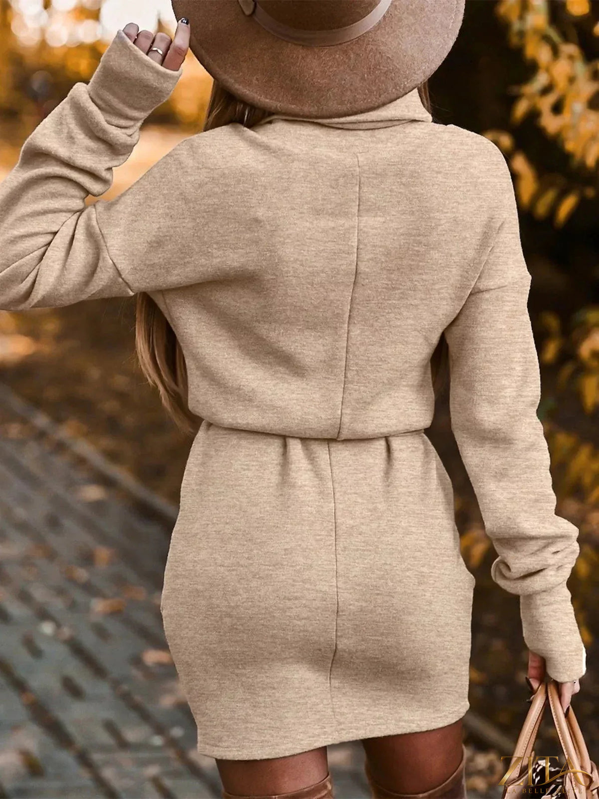 Zita La Belle Elite turtleneck belted knit dress in cozy, ribbed fabric with a waist belt, stylish and warm for winter wear