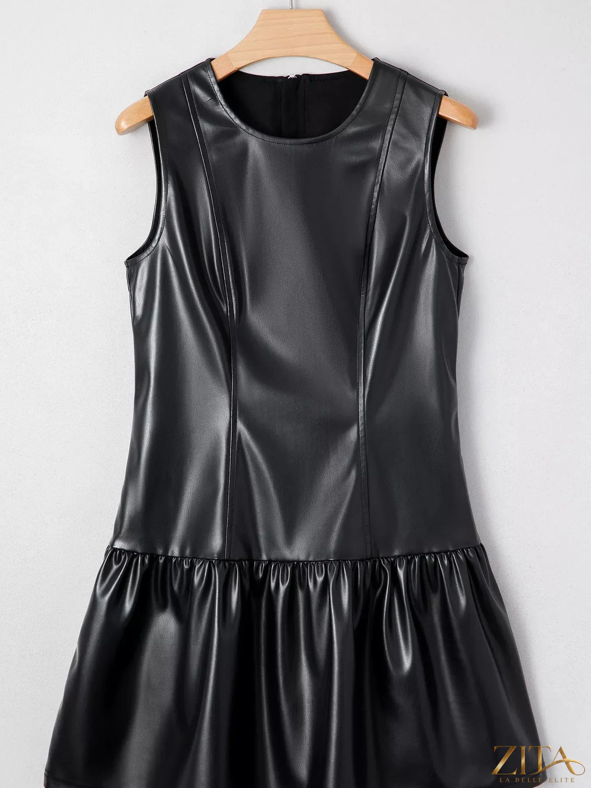 Zita La Belle Elite faux leather sleeveless mini dress with ruffle hem, stylish and trendy for chic summer outfits.