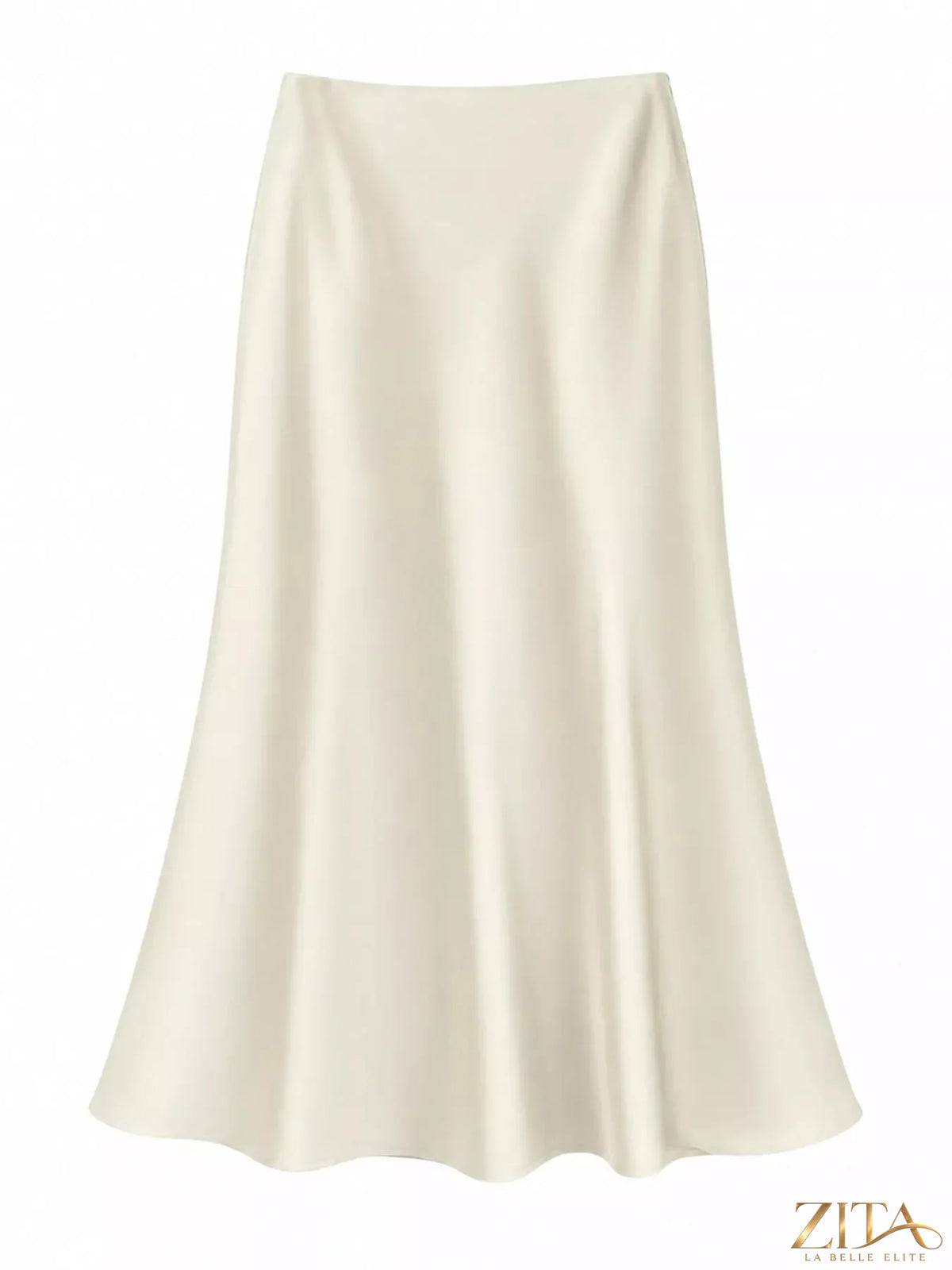 Plus size high-waisted satin midi skirt from Trendsi, showcasing a sleek, shiny fabric and elegant silhouette.