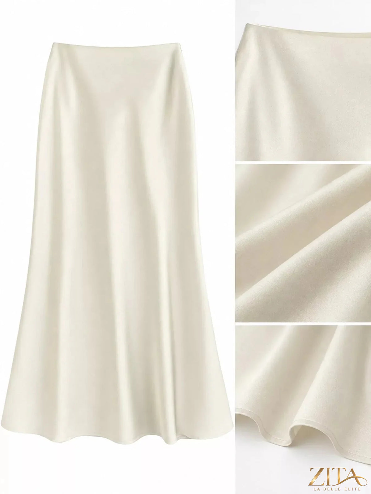 Plus size high-waisted satin midi skirt by Trendsi, featuring a smooth, shiny fabric and elegant midi length on a model.