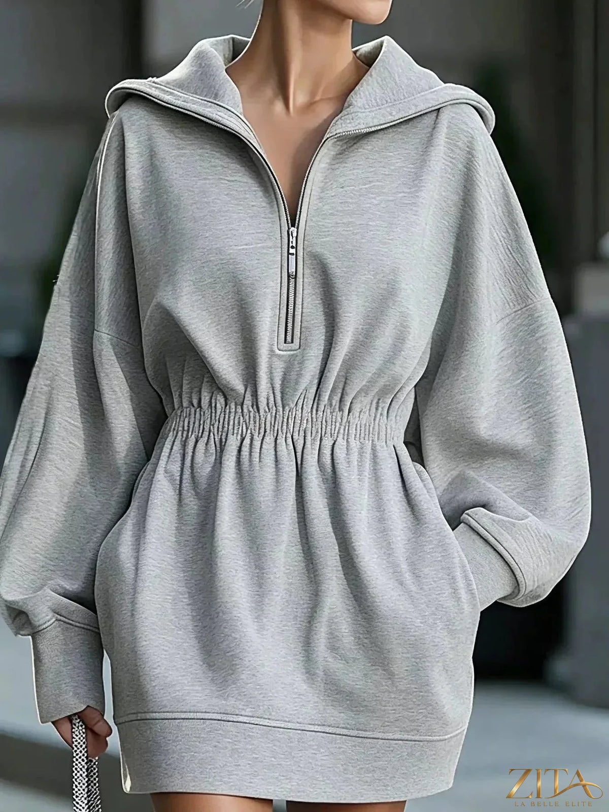 Zita La Belle Elite casual hooded quarter-zip sweatshirt dress in soft fabric, featuring a hood and relaxed fit.