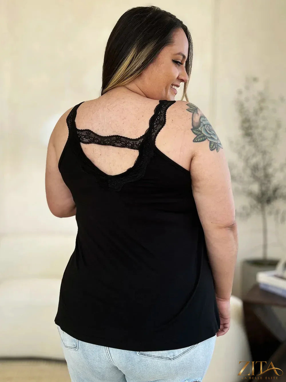 Zita La Belle Elite Basic Bae full-size lace detail V-neck cutout cami top, beige with lace accents and V-neck design.