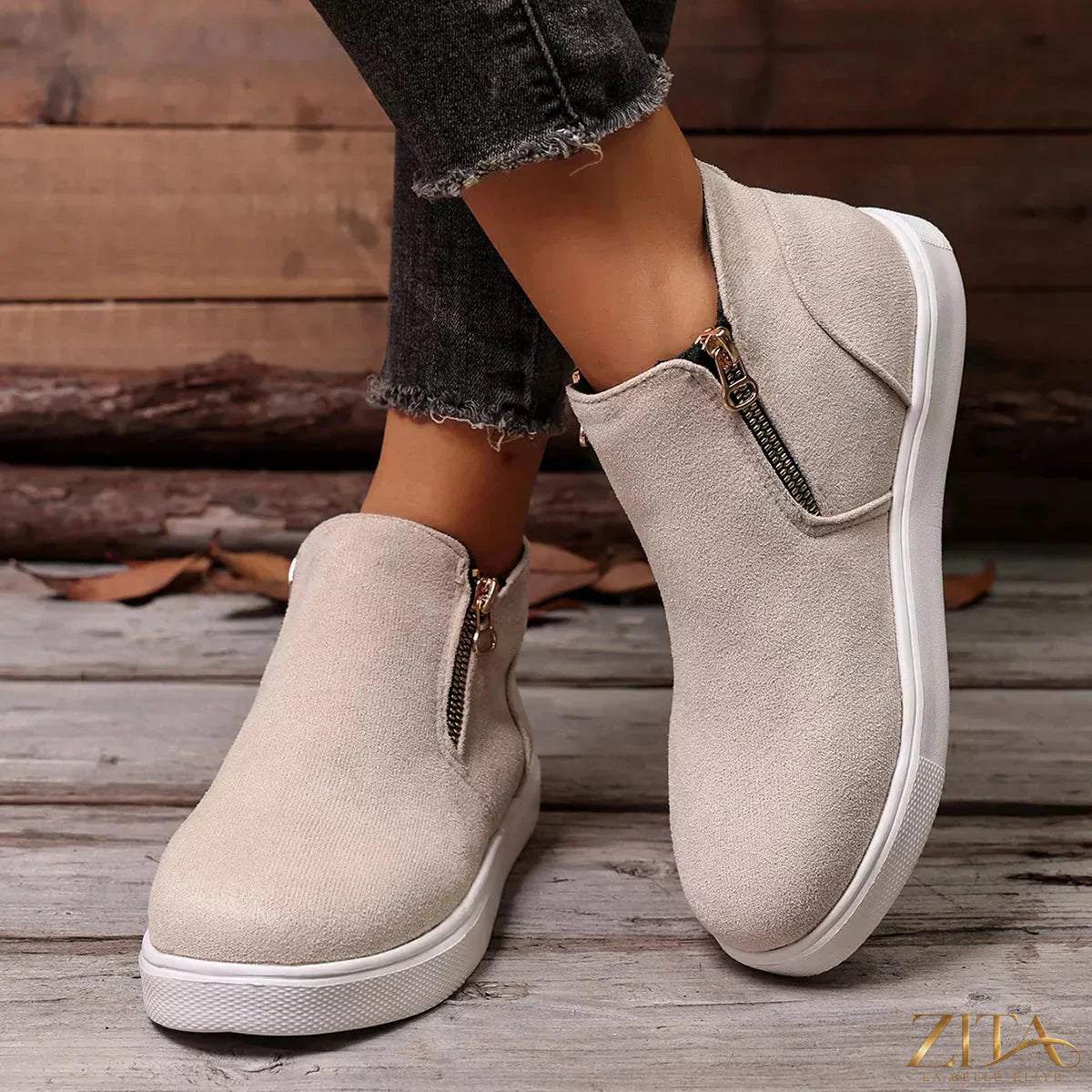 Zita La Belle Elite side zipper flat sneakers featuring sleek design, comfortable flat sole, and stylish black finish.