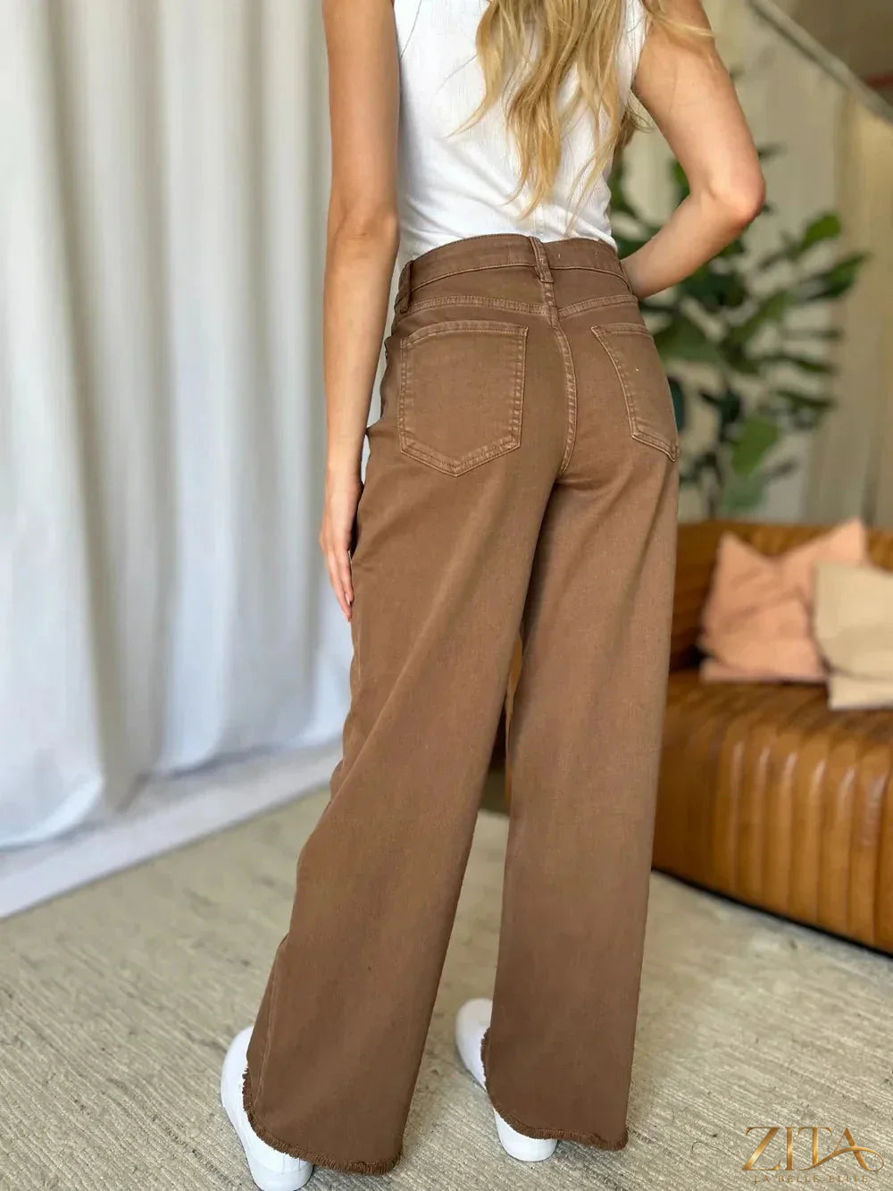 Zita La Belle Elite RFM full size high rise wide leg jeans in garment dye, showcasing the relaxed fit and denim texture.