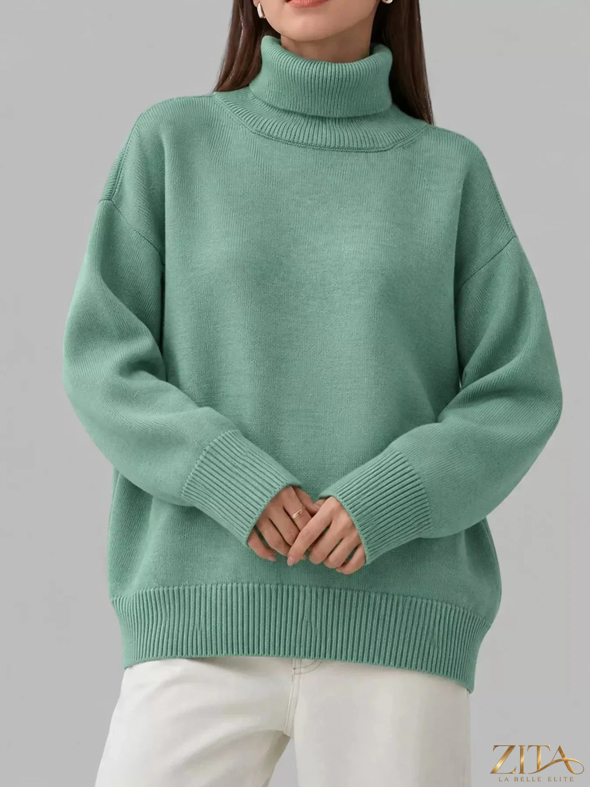 Zita La Belle Elite turtleneck dropped shoulder sweater in cozy knit, showcasing a relaxed fit and stylish design.