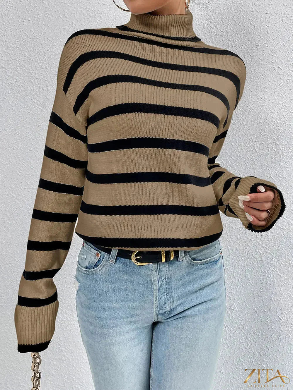 Striped turtleneck long sleeve sweater from Trendsi featuring a cozy fit and stylish design in vibrant colors.