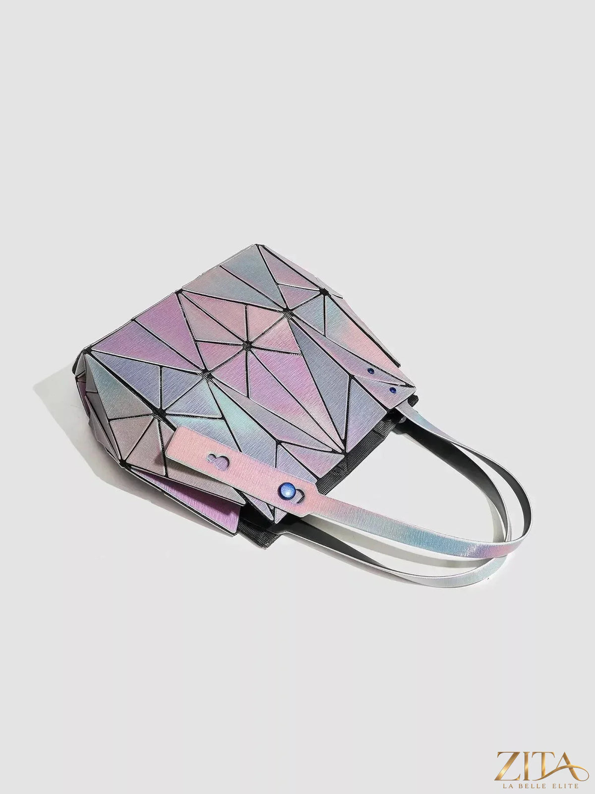 Iridescent geometric shoulder bag by Zita La Belle Elite with a sleek modern design and a shiny, reflective surface.