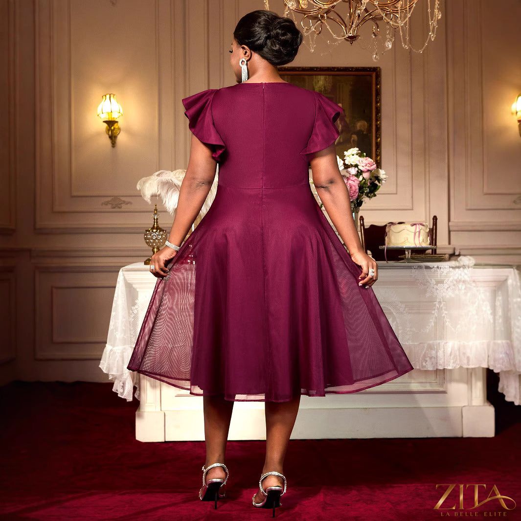 Elegant summer mesh dress for women with butterfly sleeves and ruffles, perfect for parties or weddings, by Zita La Belle Elite.