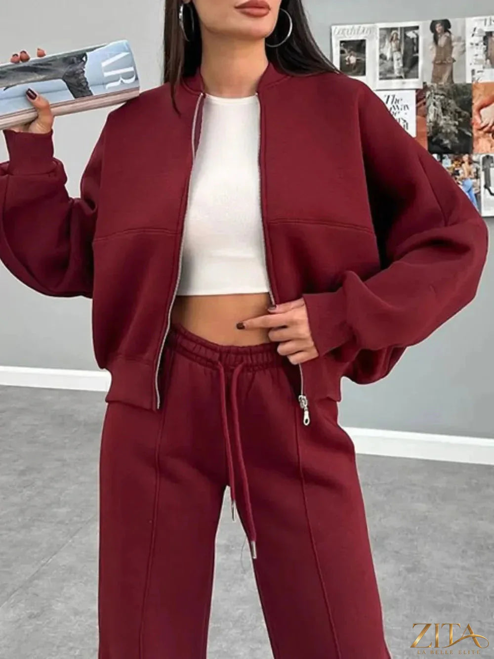 Zita La Belle Elite baseball collar zip-up outerwear and drawstring pants set, featuring a stylish casual athletic look.