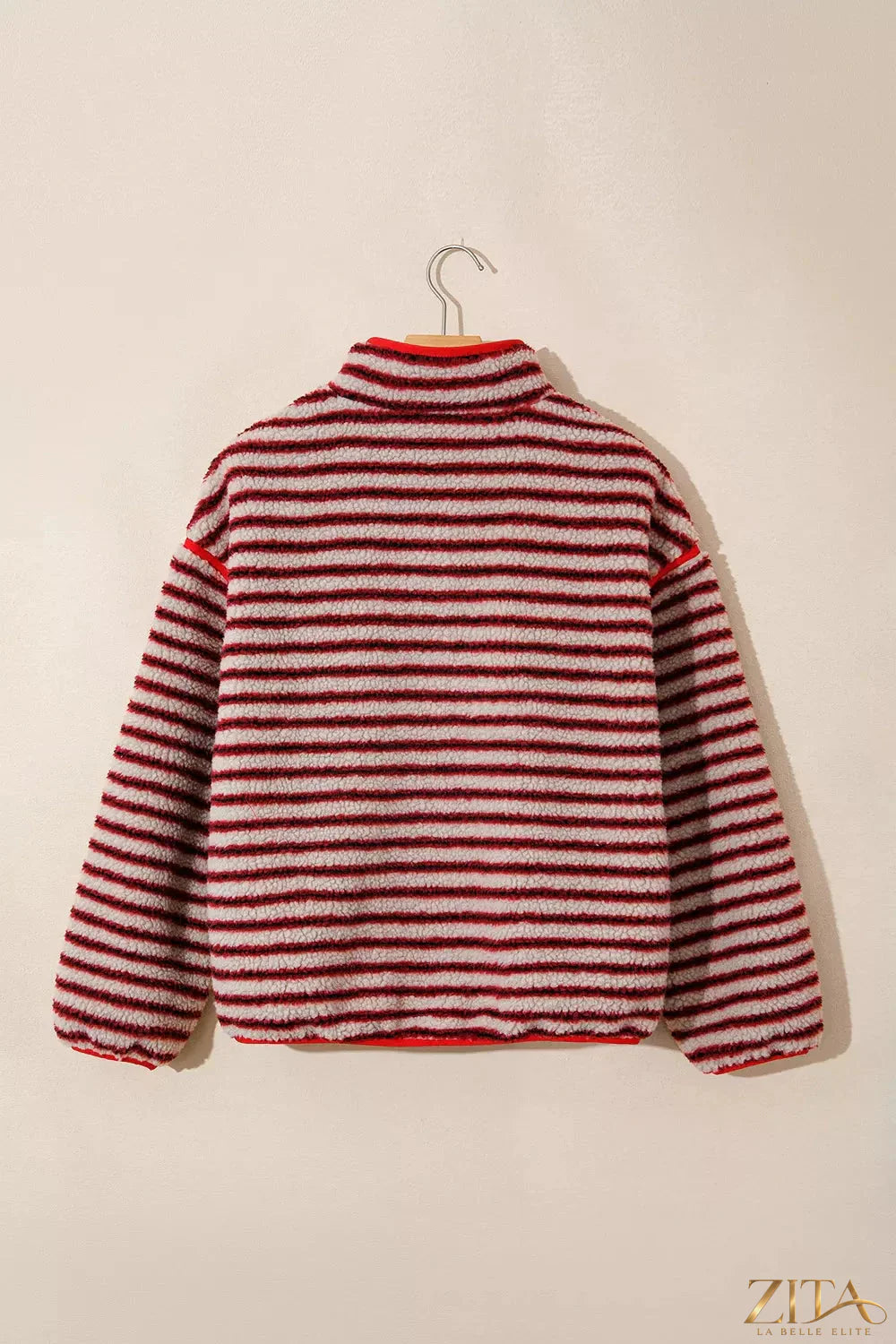 Zita La Belle Elite striped fuzzy colorblock sweatshirt with button placket and cozy knit texture.