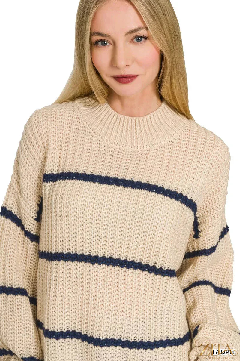 Zita La Belle Elite Zenana oversized striped sweater in neutral tones, featuring a cozy, relaxed fit and bold horizontal stripe pattern.