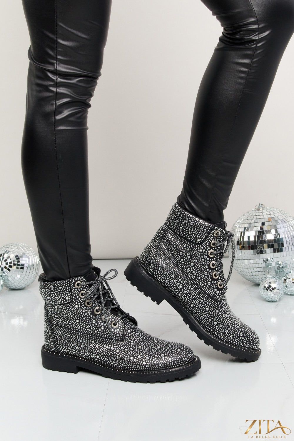 Zita La Belle Elite Forever Link rhinestone lace-up combat boots with decorative rhinestones and sturdy black leather design.