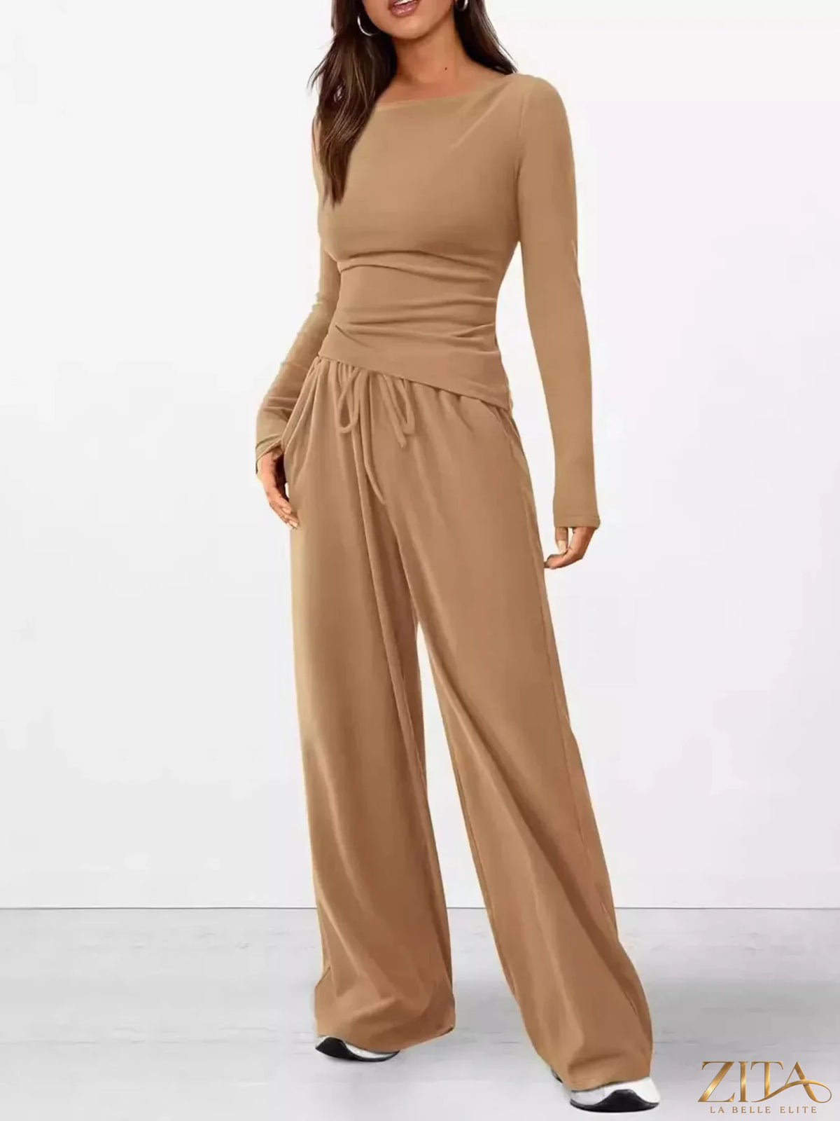 Zita La Belle Elite long sleeve top and wide-leg pants set in soft fabric, stylish and comfortable for casual wear.