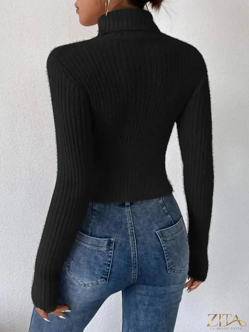 Ribbed navy turtleneck long sleeve sweater by Trendsi, close-up showing fitted ribbed knit and high neckline.
