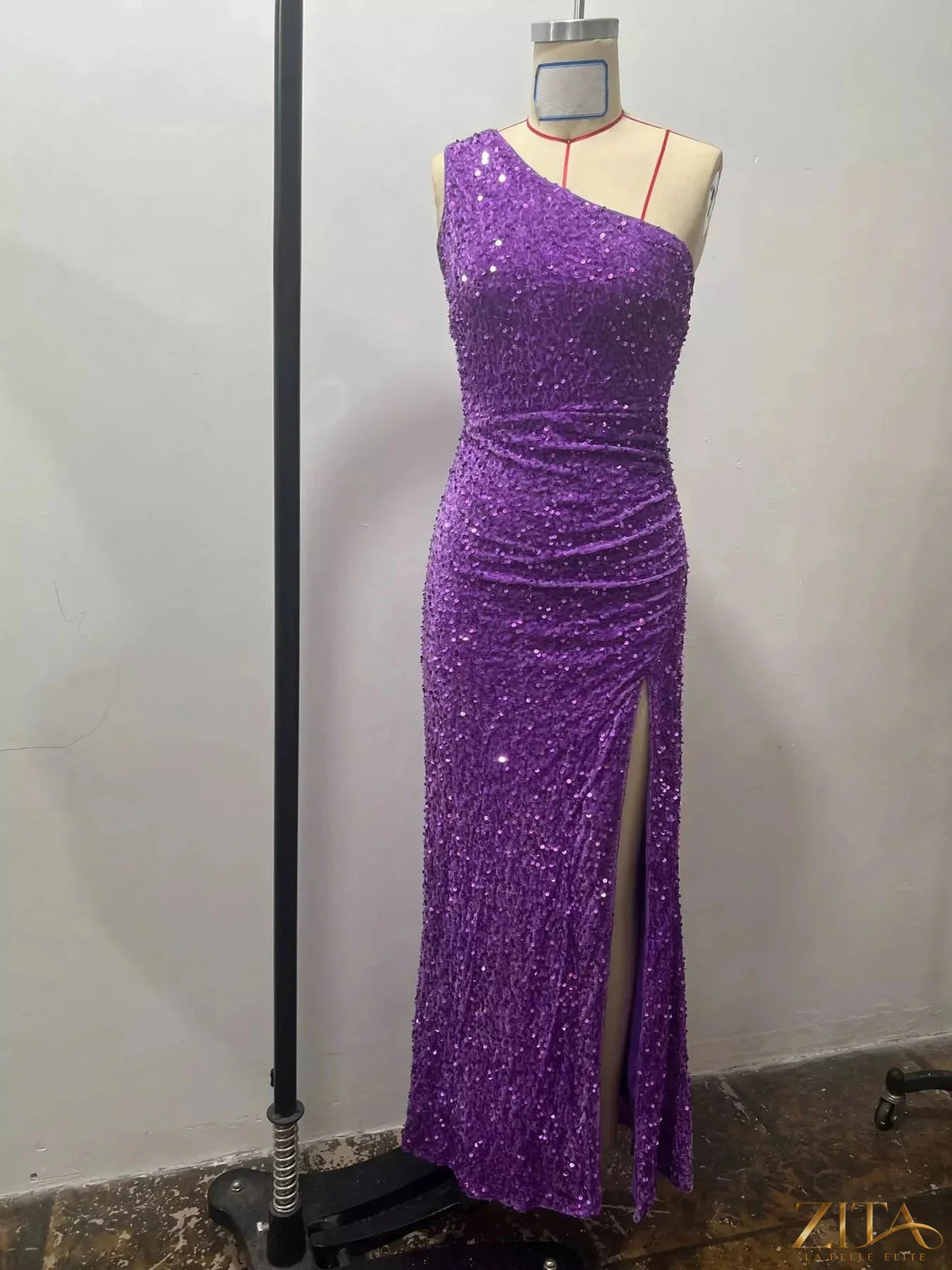 Zita La Belle Elite one-shoulder ruched sequin evening dress with high slit, elegant and form-fitting for formal occasions.