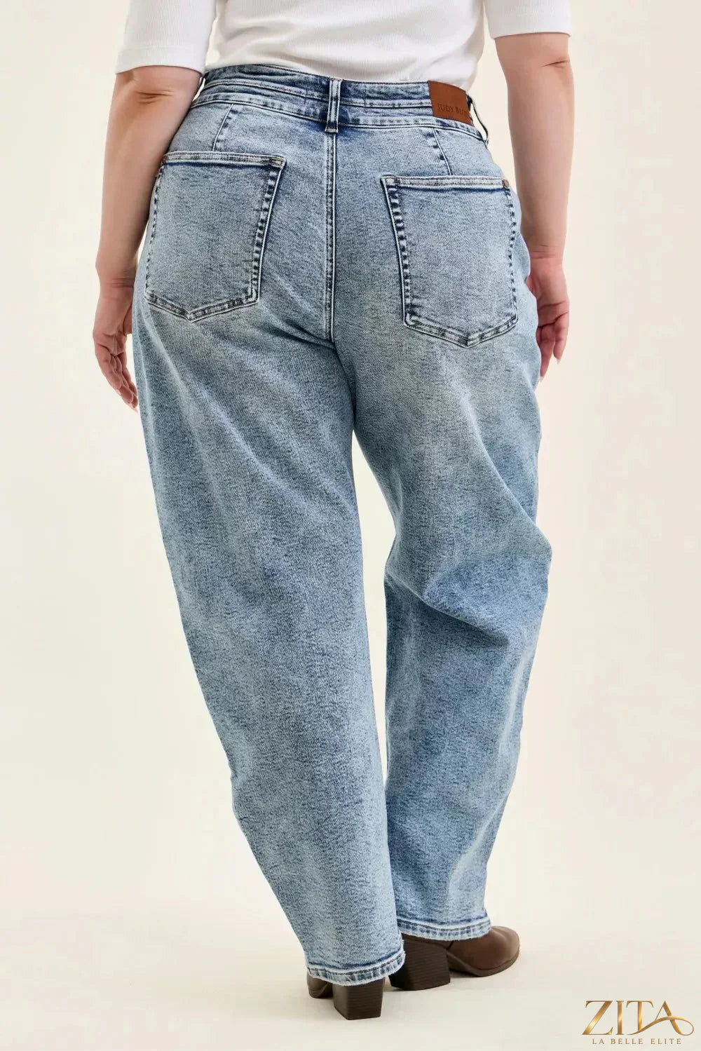 Judy Blue Marlow Arc Leg jeans with double waistband in blue denim, featuring a slim fit and stylish design by Zita La Belle Elite