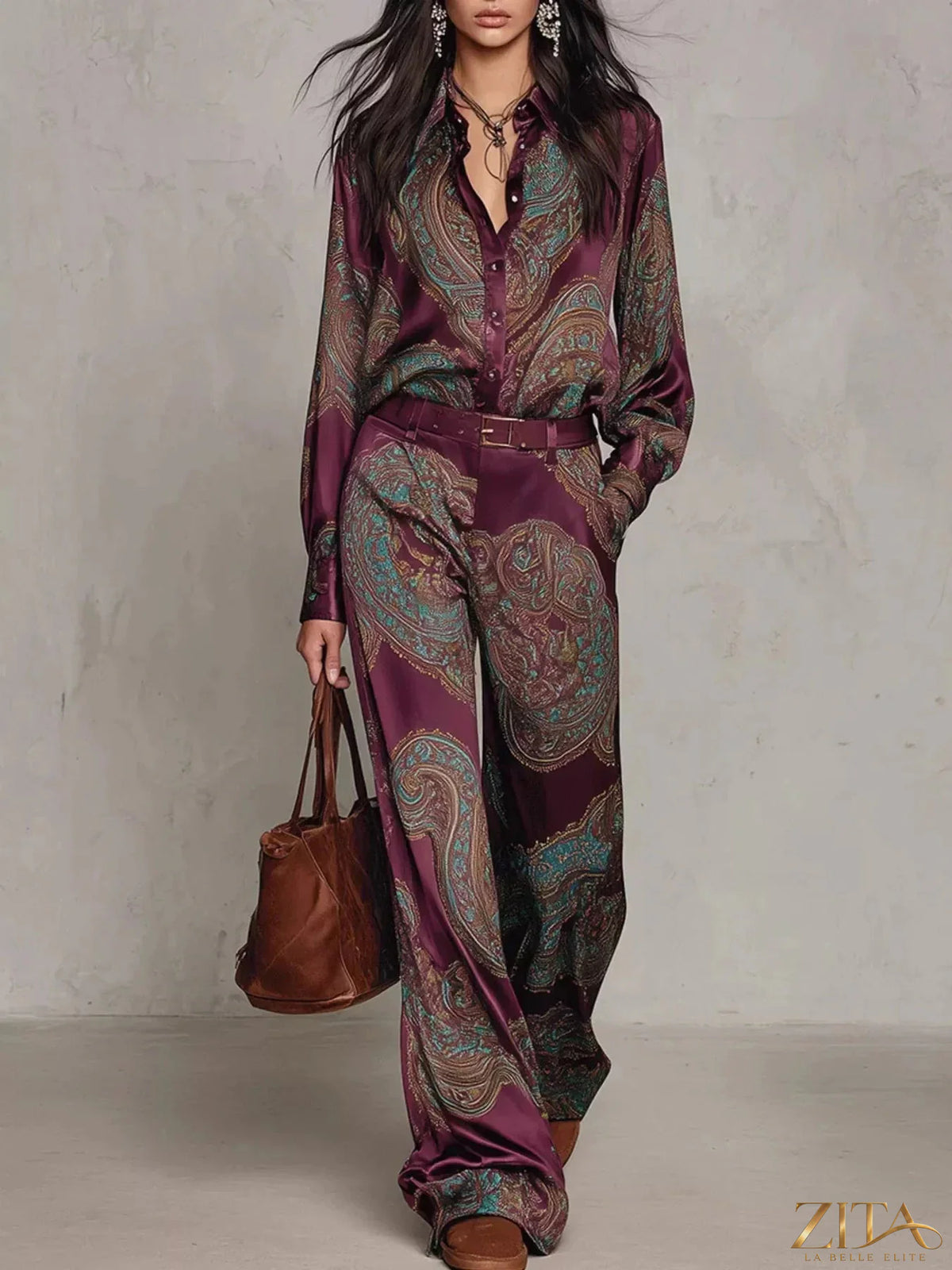 Zita La Belle Elite paisley print long sleeve shirt and wide-leg pants set, stylish and comfortable clothing ensemble.