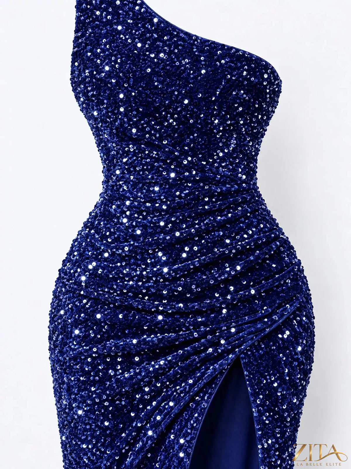Zita La Belle Elite one-shoulder ruched sequin evening dress with high slit, elegant and glamorous for formal occasions.