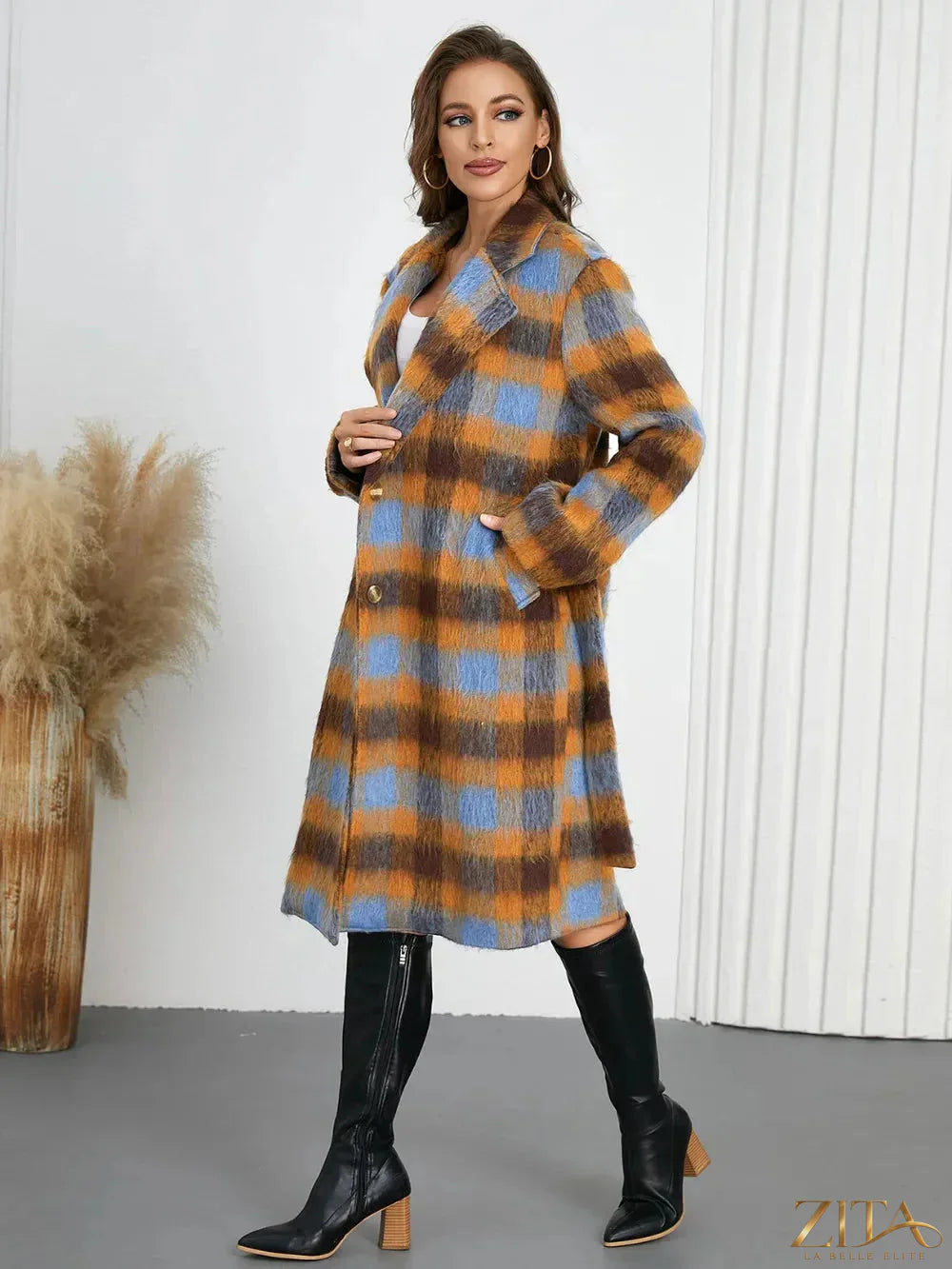Zita La Belle Elite tied plaid collared neck coat with button details, featuring a classic plaid pattern and tailored fit.