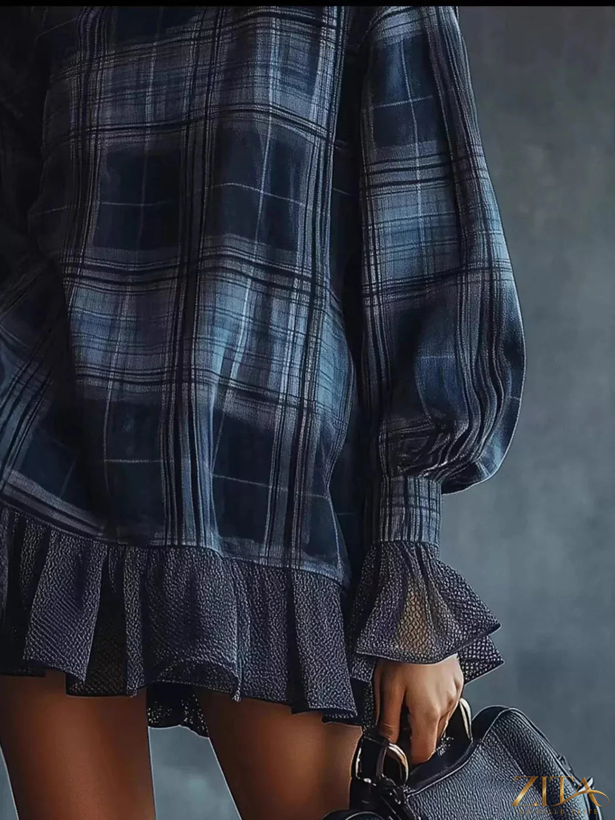 Plus size plaid high-neck mini dress with ruffled hem by Zita La Belle Elite, featuring a full size fit and stylish design.