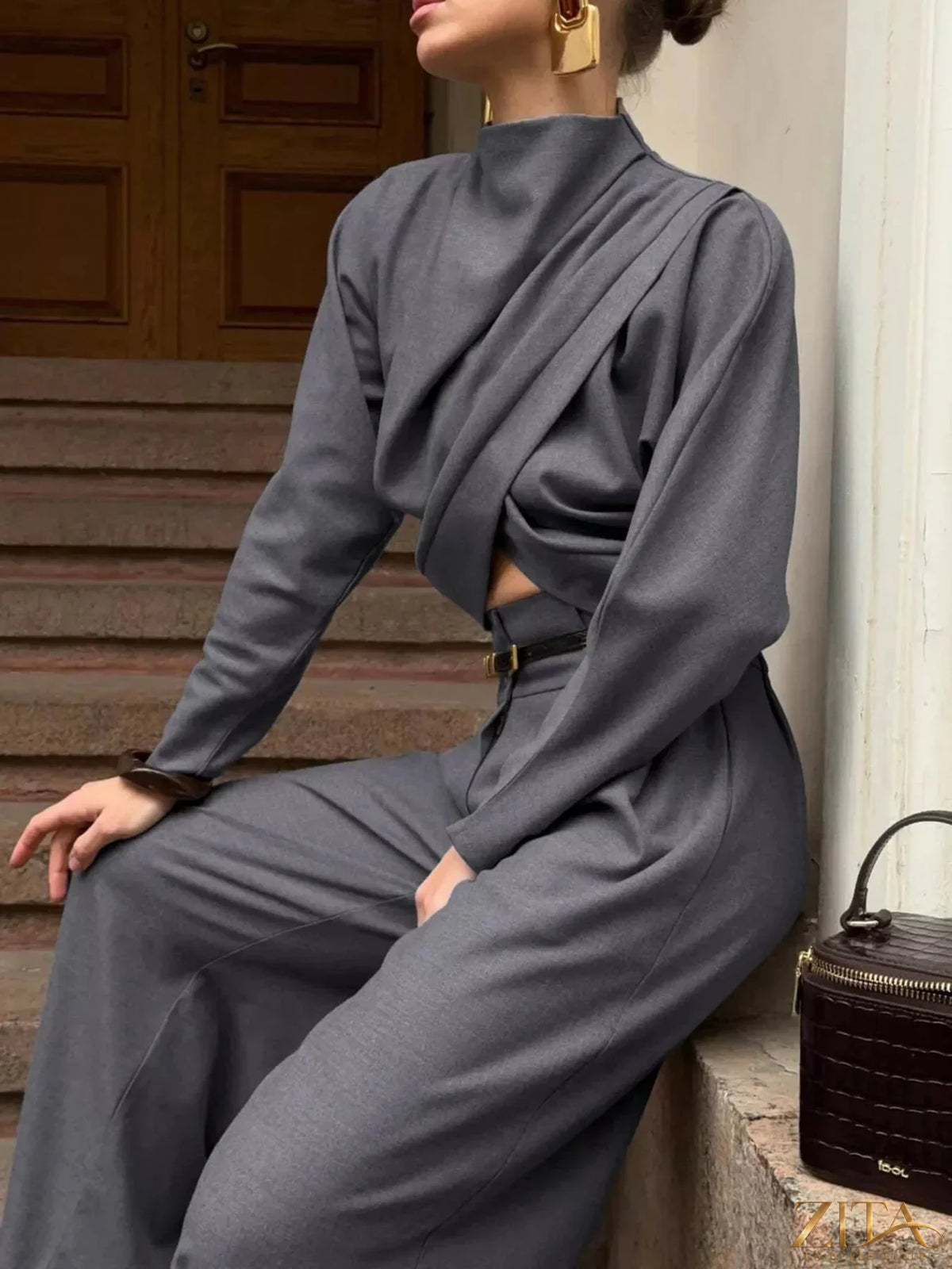 Zita La Belle Elite draped crop top and wide-leg pants set, stylish and comfortable fashion ensemble, black fabric, front view.