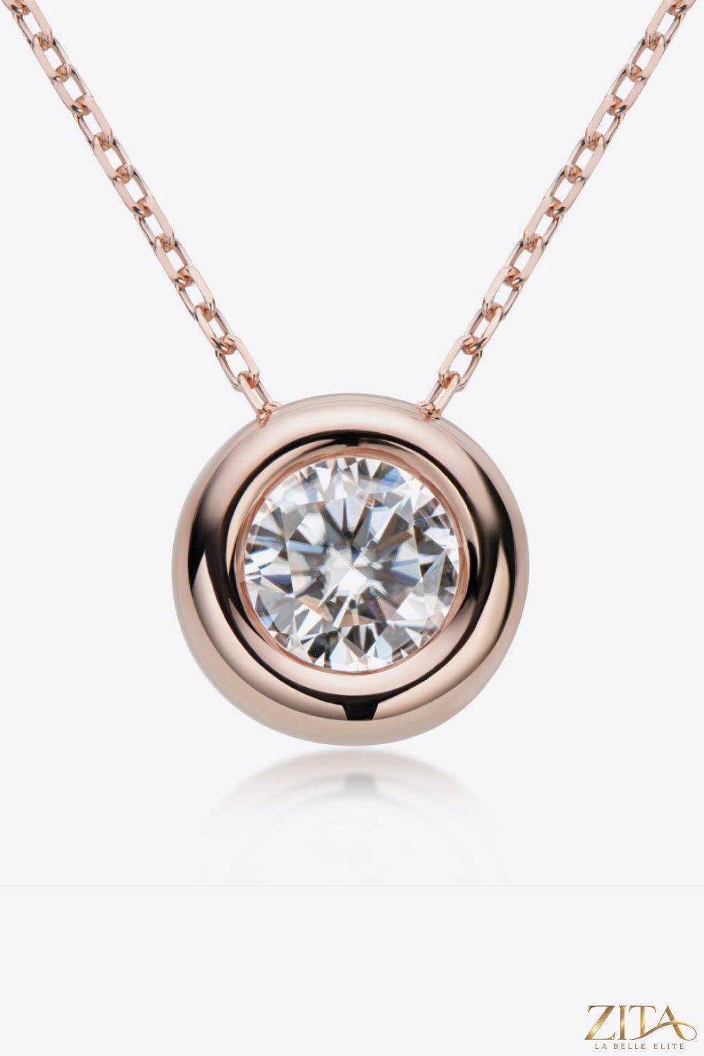 Sterling silver necklace featuring a 1-carat moissanite pendant from Zita La Belle Elite, showcasing a sparkling gemstone.