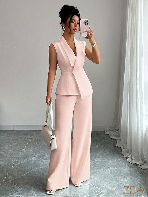 Zita La Belle Elite women's sleeveless peplum blazer and wide-leg pants two-piece set, stylish and elegant clothing ensemble.