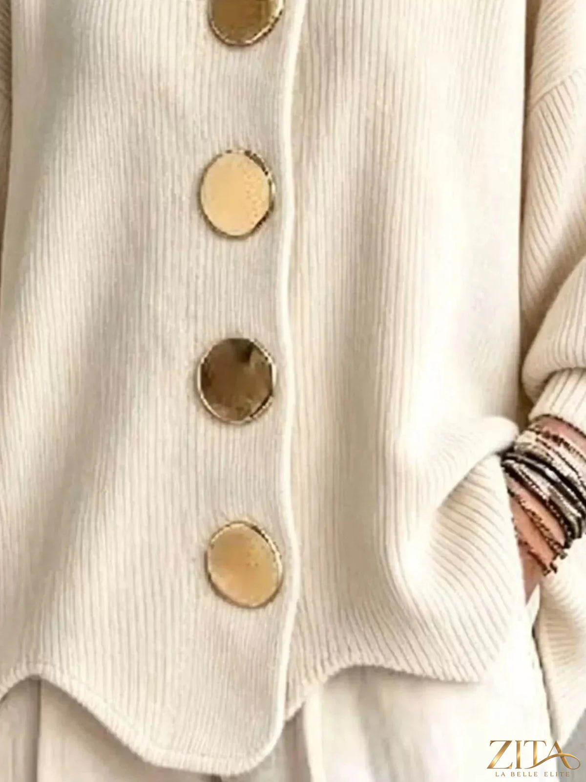 Plus size ribbed knit cardigan with gold buttons from Zita La Belle Elite, featuring a full size fit and cozy texture.
