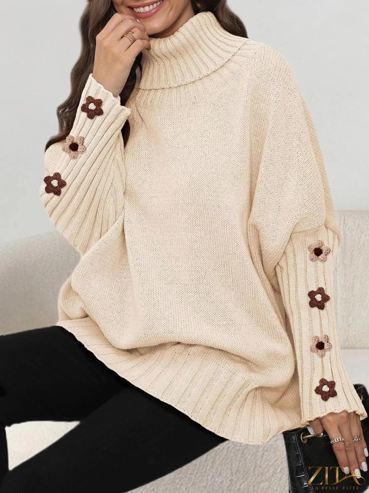 Zita La Belle Elite oversized turtleneck sweater with floral applique sleeves, cozy knit and stylish design in soft fabric