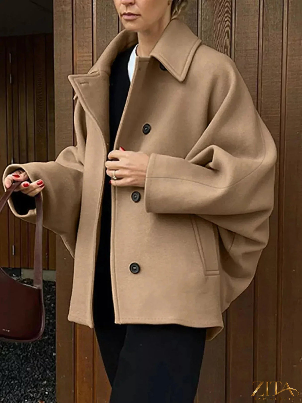 Zita La Belle Elite oversized lapel collar button-down coat in neutral fabric, front view showing relaxed fit and classic design.