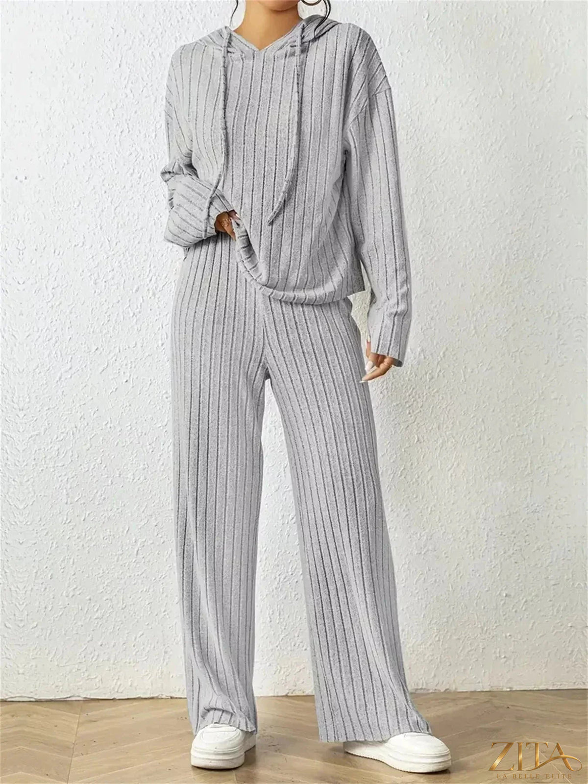 Zita La Belle Elite ribbed drawstring hoodie and pants set in soft fabric, featuring a relaxed fit and matching ribbed texture.