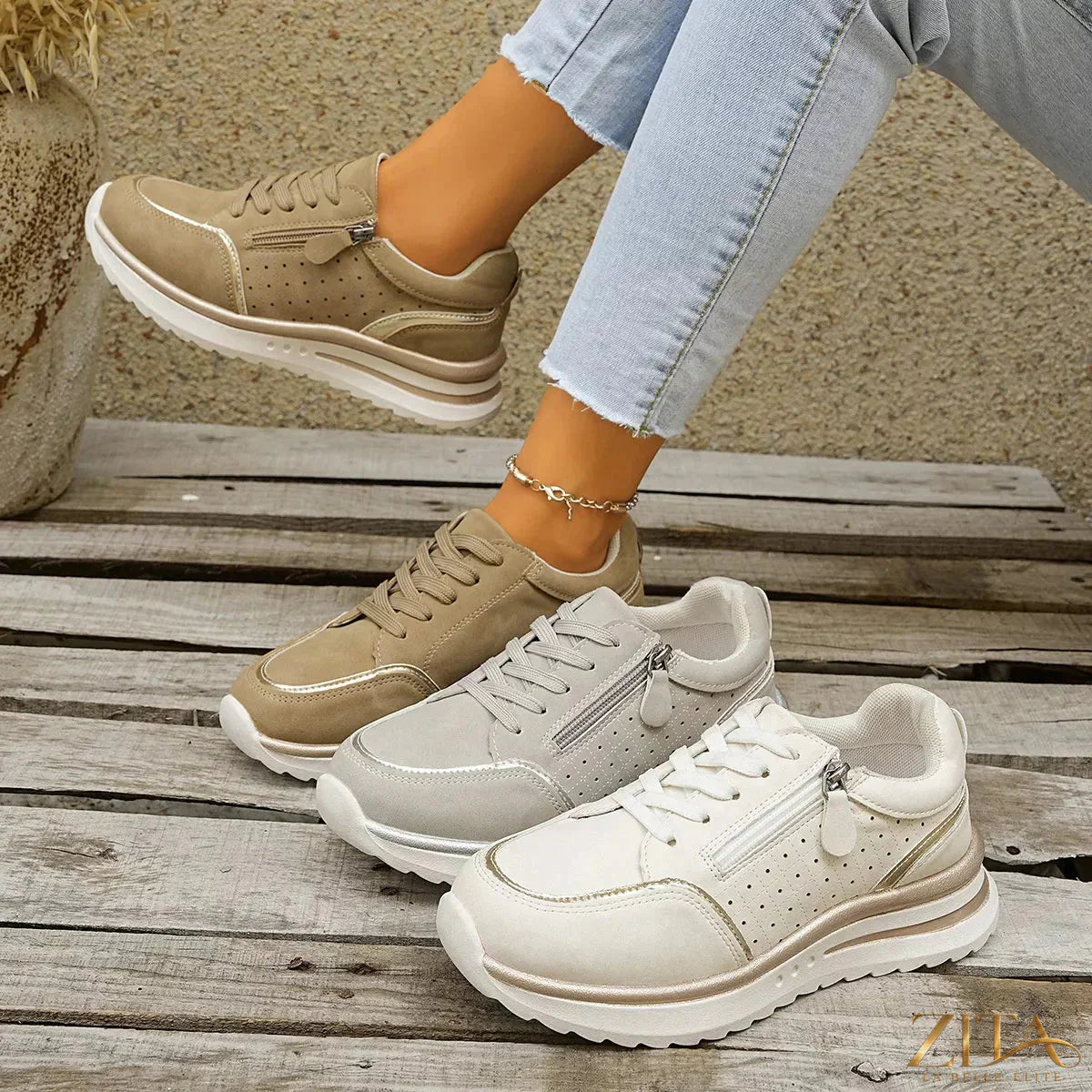 Zita La Belle Elite round toe lace-up sneakers in white with stylish design and comfortable fit.
