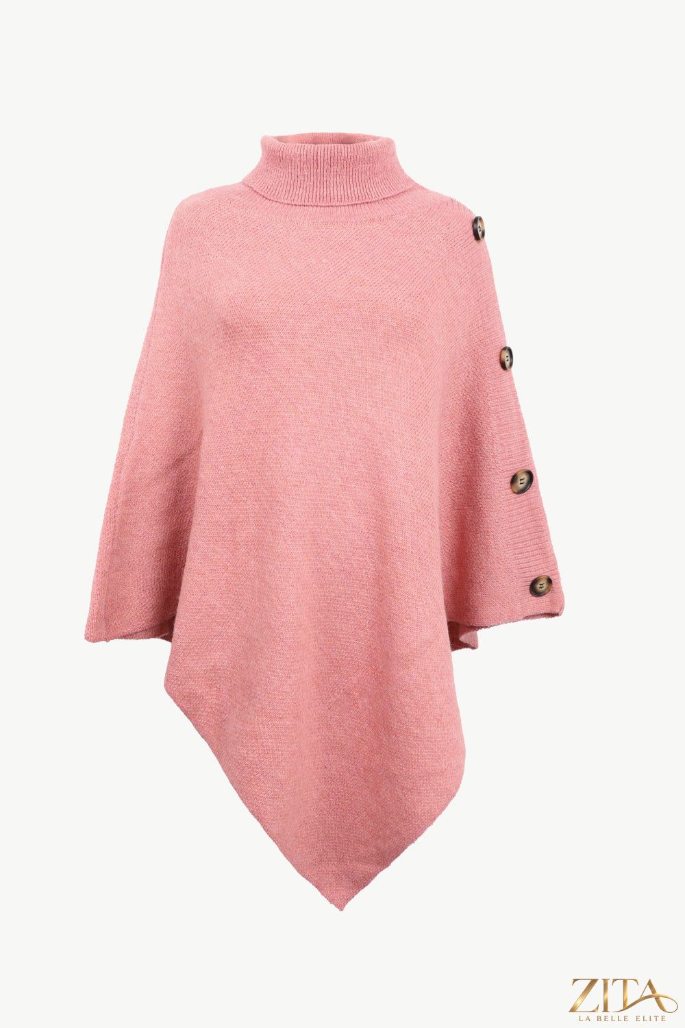 Zita La Belle Elite turtleneck buttoned poncho in cozy knit fabric, featuring a classic turtleneck and button details.