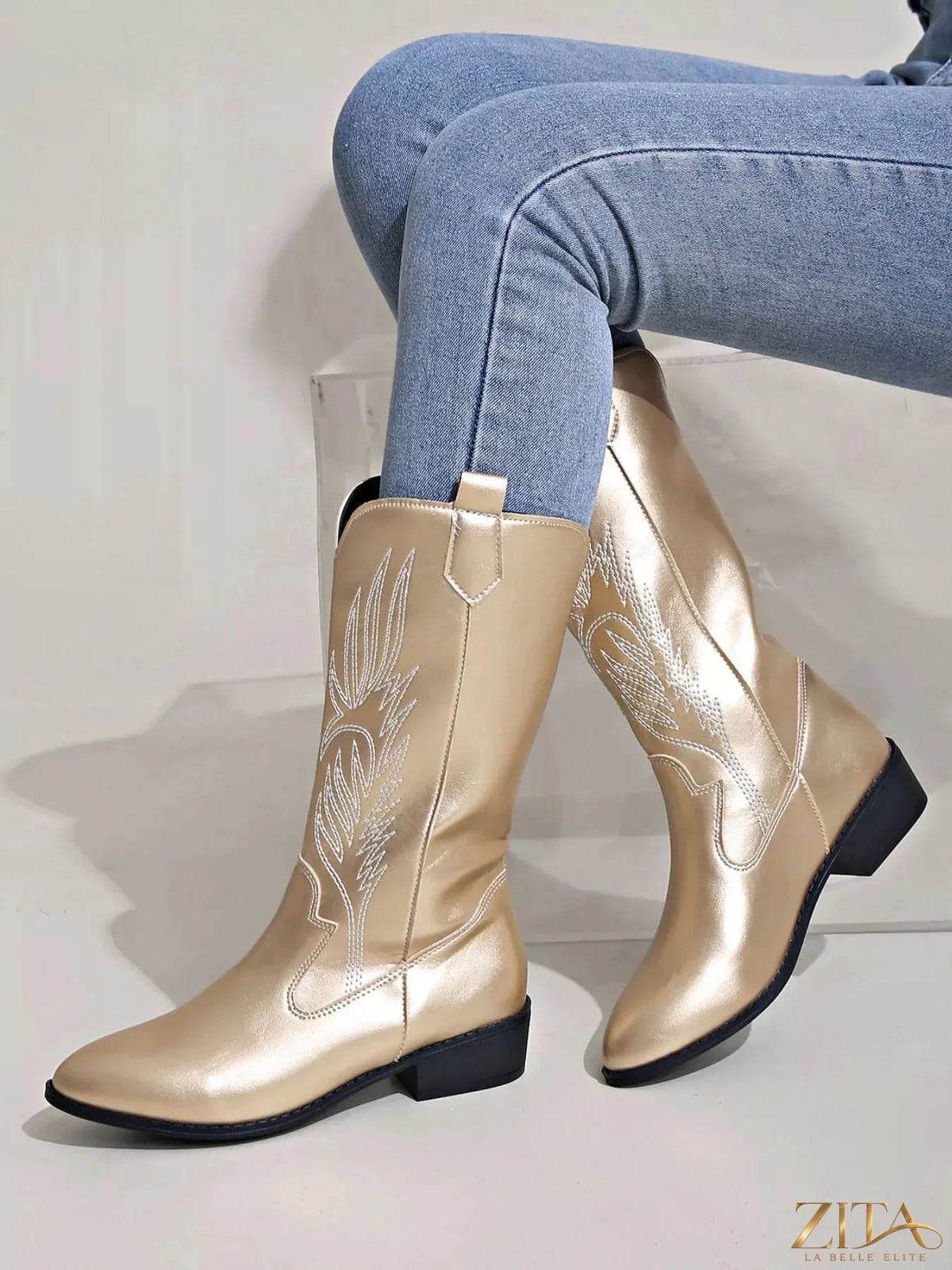 Zita La Belle Elite embroidered block heel boots with floral embroidery and ankle-high design, stylish and elegant footwear.