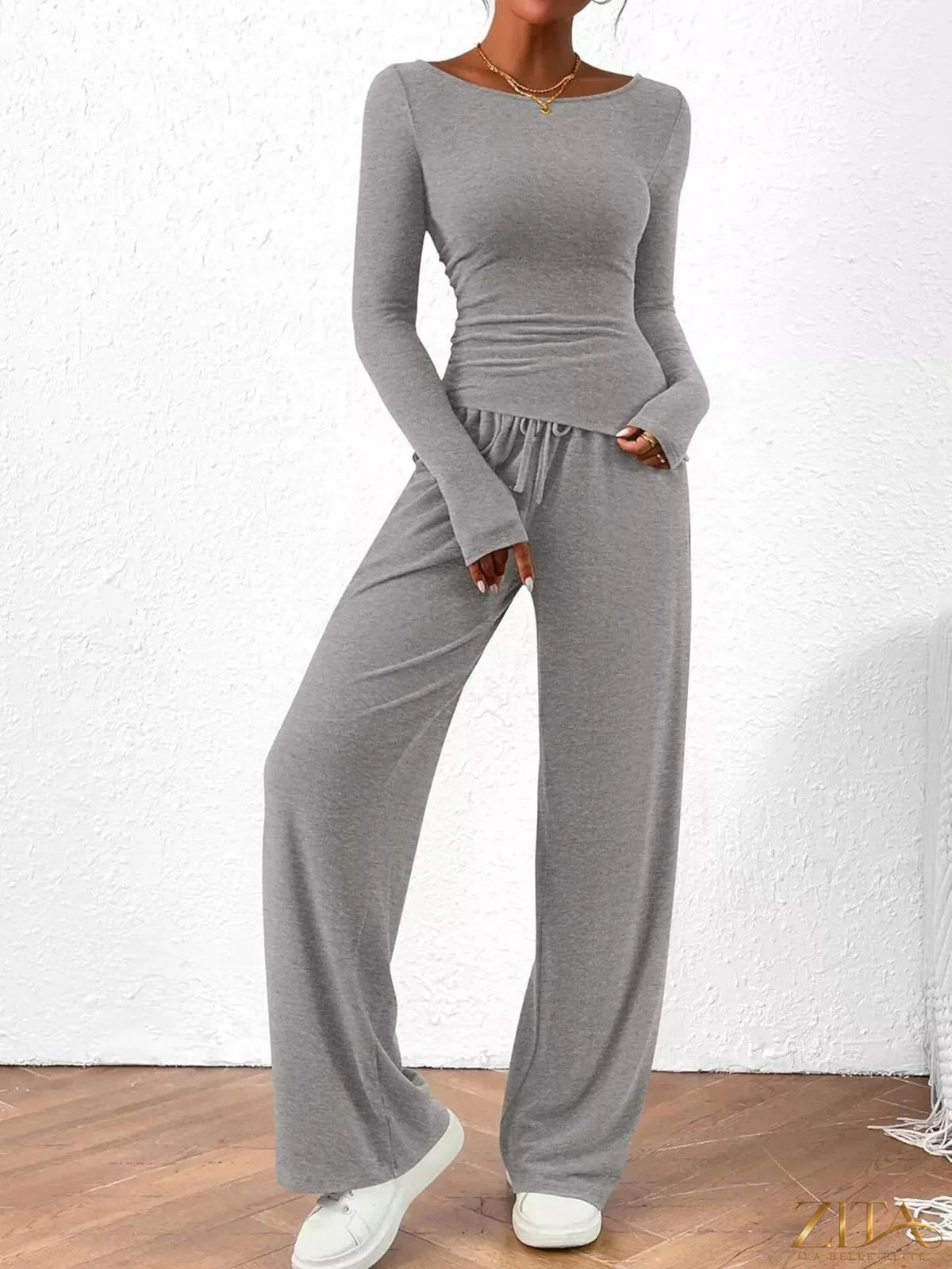 Zita La Belle Elite long sleeve top and wide-leg pants set in soft fabric, shown in a stylish, coordinated outfit.