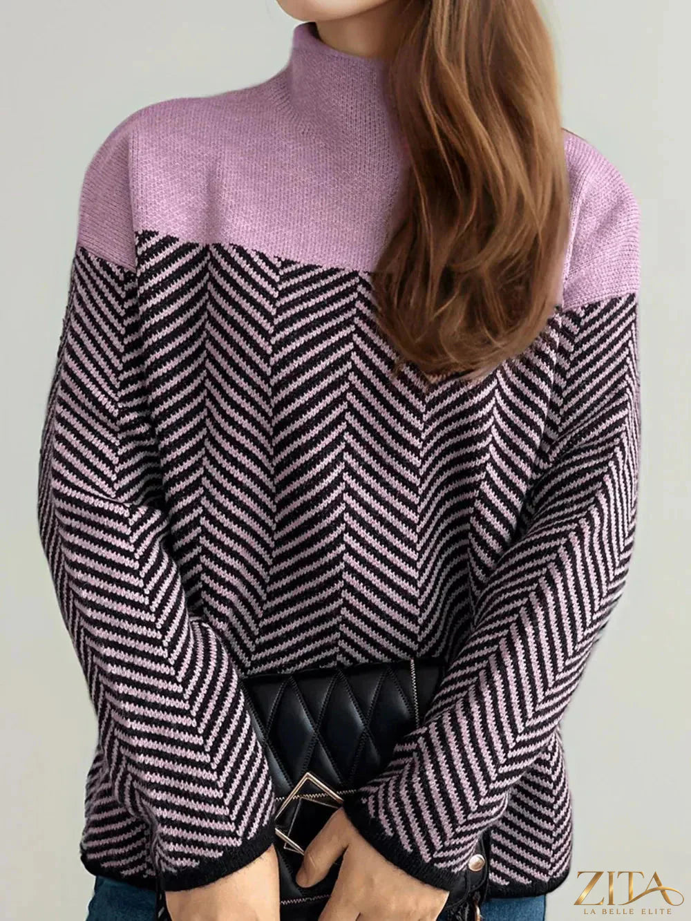 Contrast turtleneck long sleeve sweater by Trendsi, shown in black with ribbed texture and fitted silhouette.
