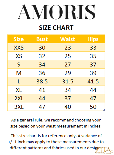 Zita La Belle Elite Amoris T819W fitted mermaid evening gown with sheer corset bodice, shown in size chart illustration.