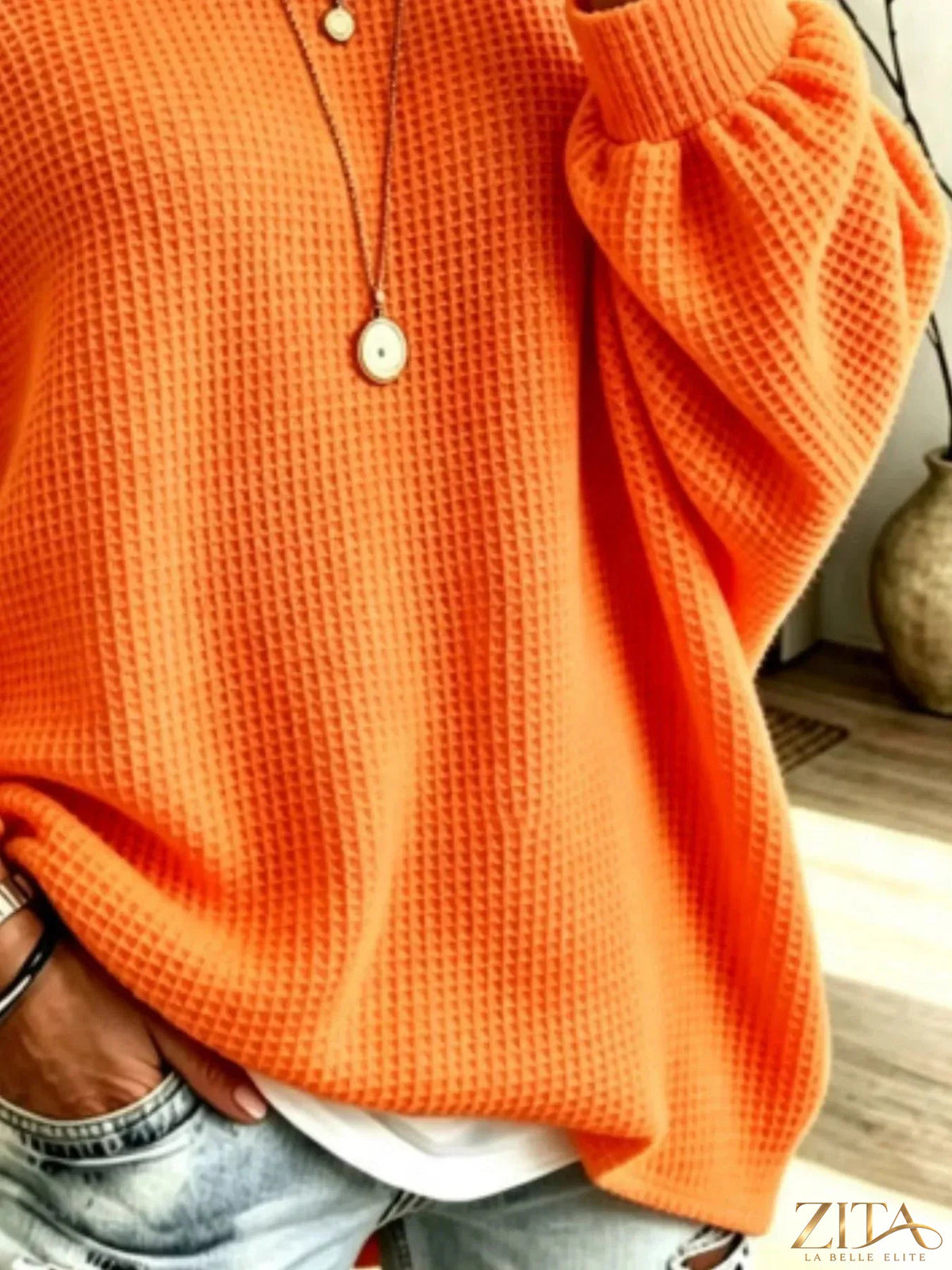 Plus size Zita La Belle Elite waffle knit boat neck sweatshirt with full size fit, featuring a cozy waffle texture and classic boat neckline.