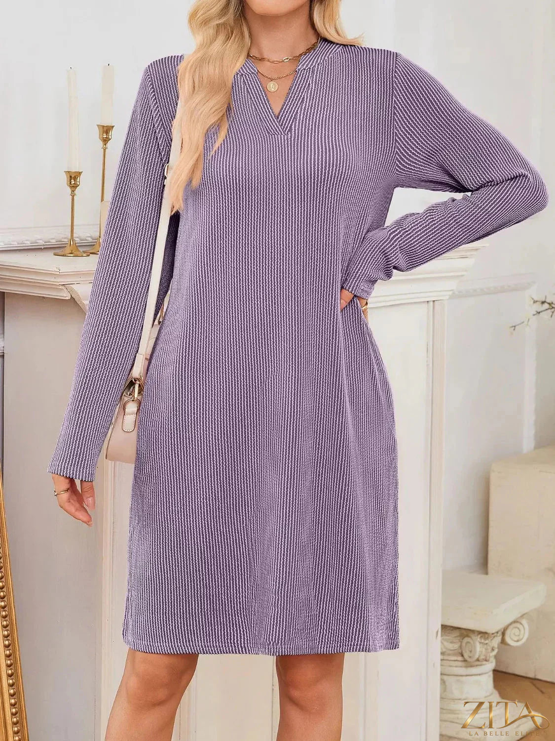 Zita La Belle Elite casual ribbed knit long sleeve dress in neutral tones, featuring a fitted silhouette and comfortable fabric.