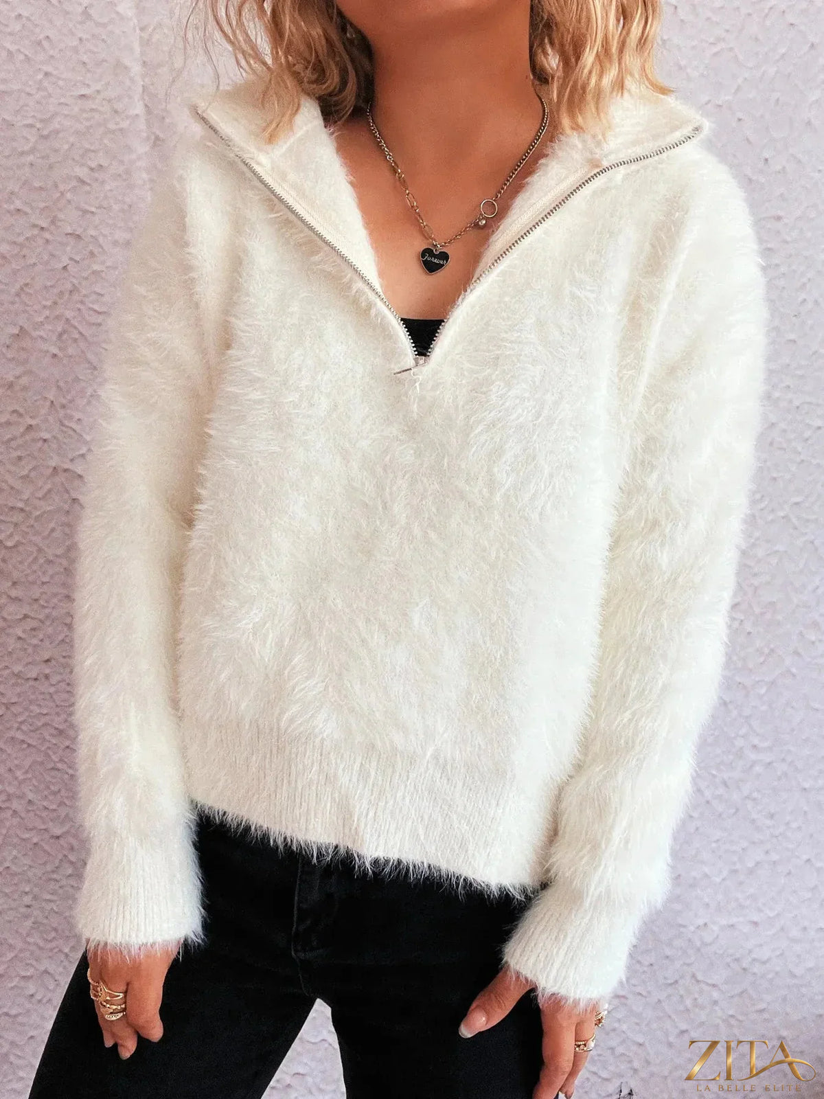 Zita La Belle Elite cozy fuzzy half-zip sweater in soft material, shown in a close-up image highlighting the comfortable neckline and texture.