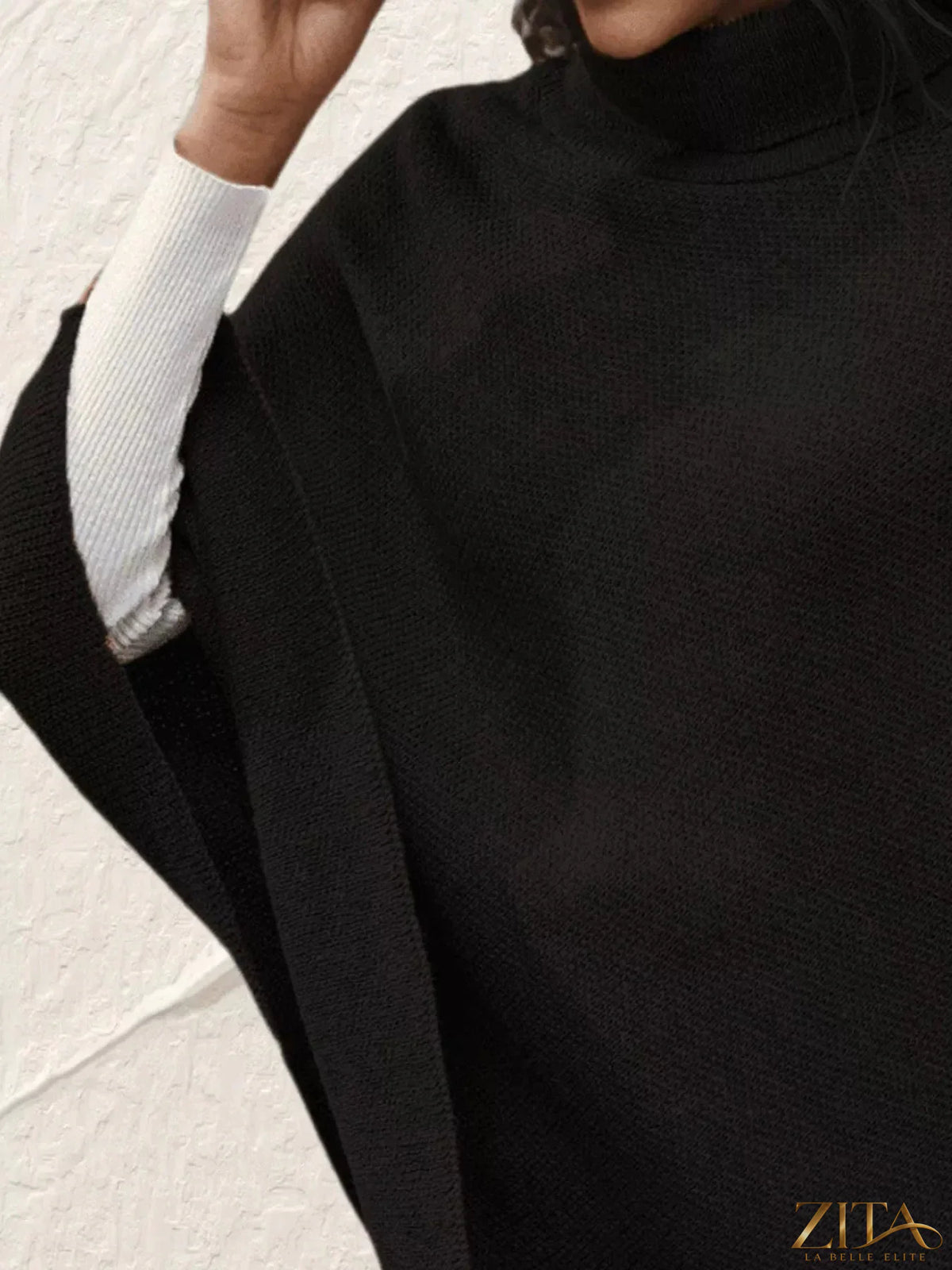 Zita La Belle Elite button-decor turtleneck poncho pullover in cozy knit, featuring a stylish button detail and a relaxed fit.